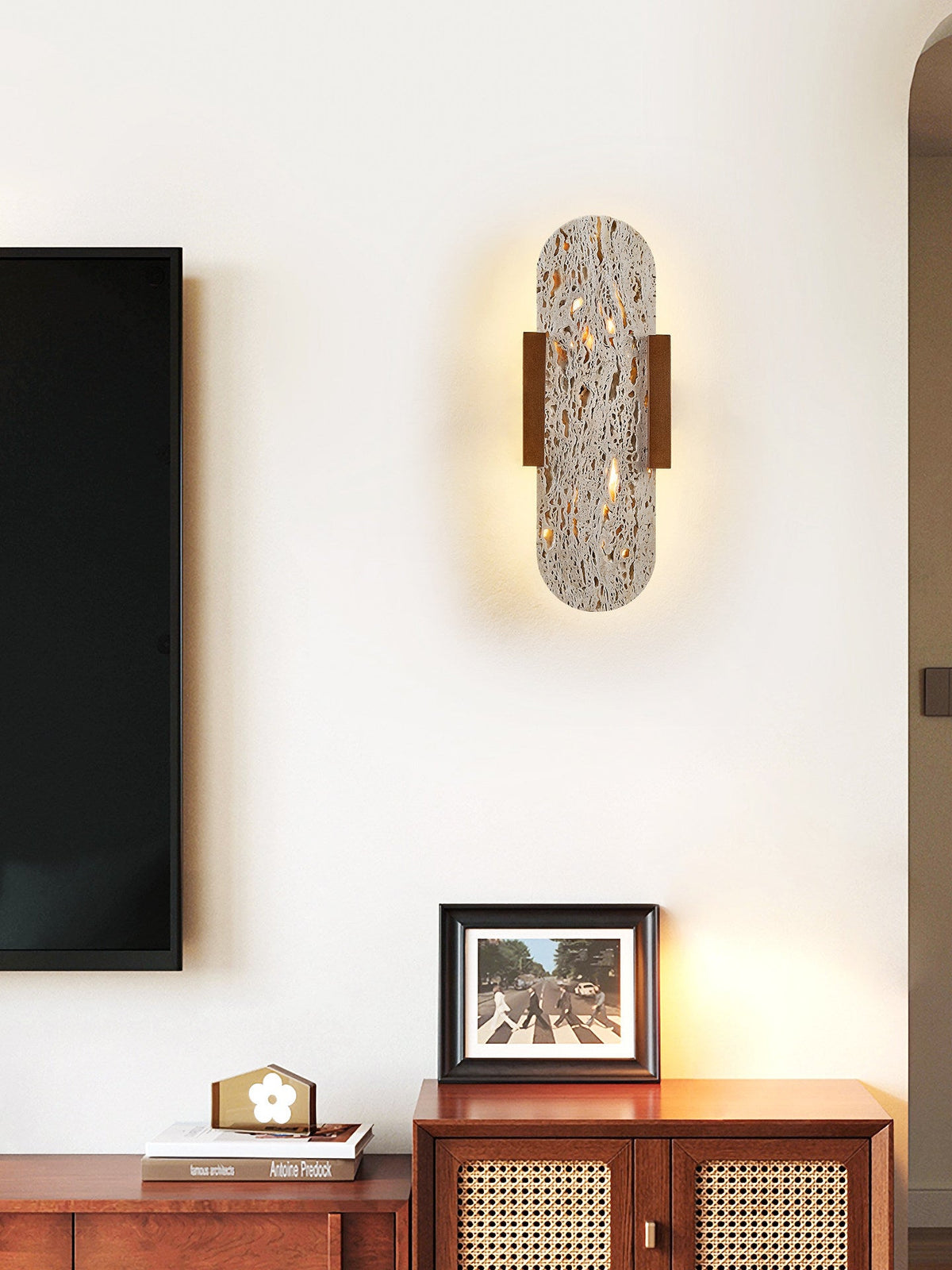 Elara Travertine Wall Sconce with Walnut Accents – Modern LED Wall Light