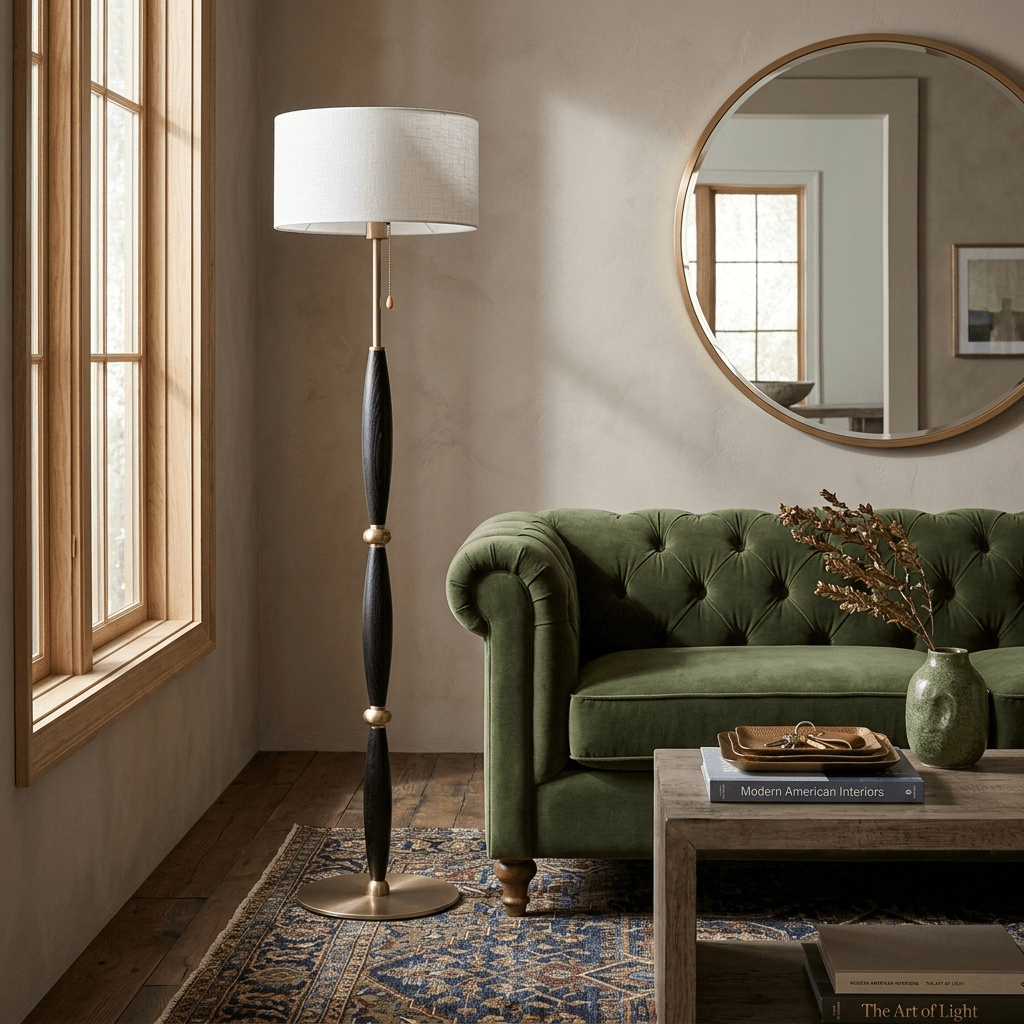 Elara Sculptural Floor Lamp with Fabric Drum Shade for Living Room & Bedroom