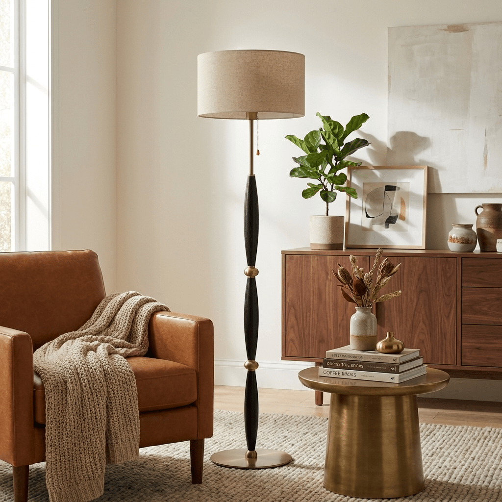 Elara Sculptural Floor Lamp with Fabric Drum Shade for Living Room & Bedroom