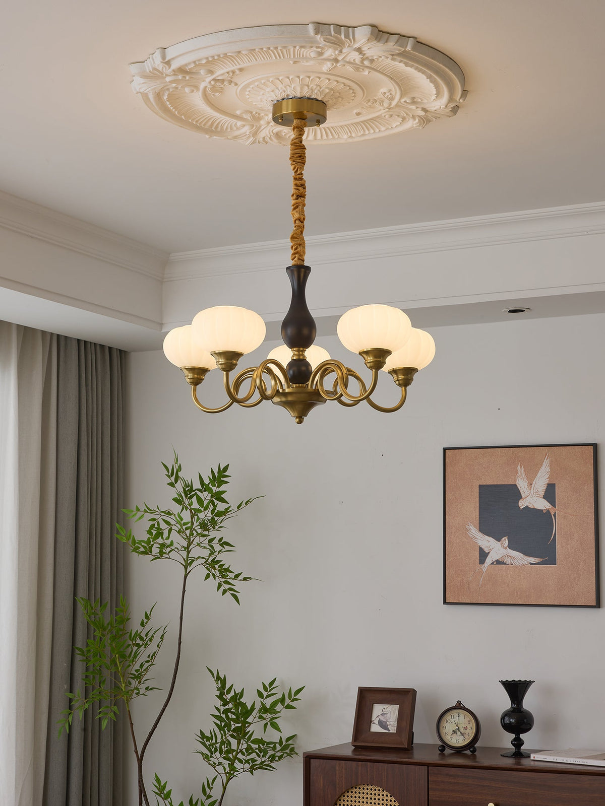 Elaris Modern Glass and Wood Chandelier with Brass Accents for Dining Room and Living Room