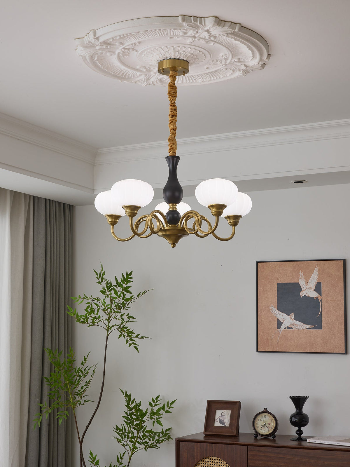 Elaris Modern Glass and Wood Chandelier with Brass Accents for Dining Room and Living Room