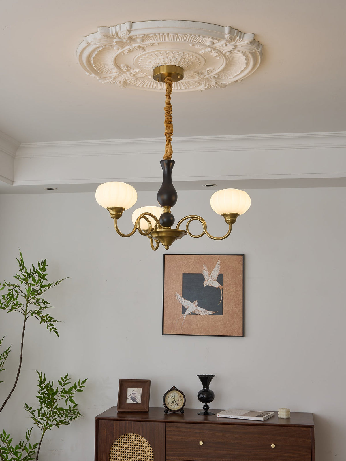 Elaris Modern Glass and Wood Chandelier with Brass Accents for Dining Room and Living Room