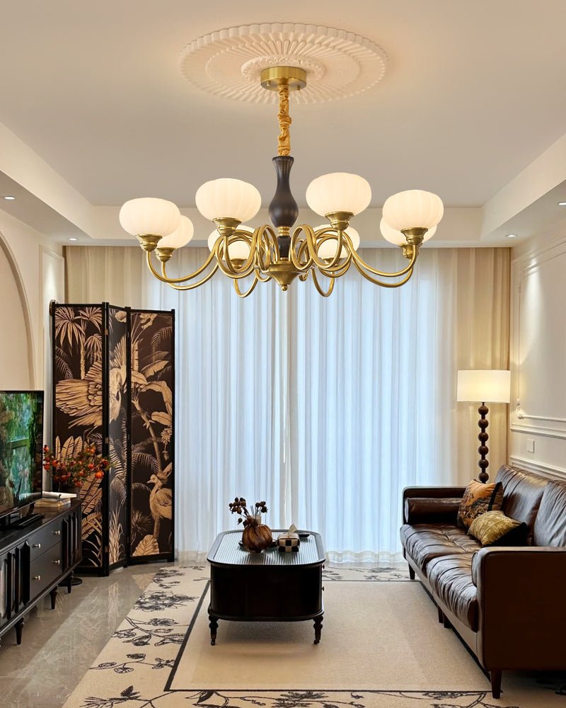 Elaris Modern Glass and Wood Chandelier with Brass Accents for Dining Room and Living Room