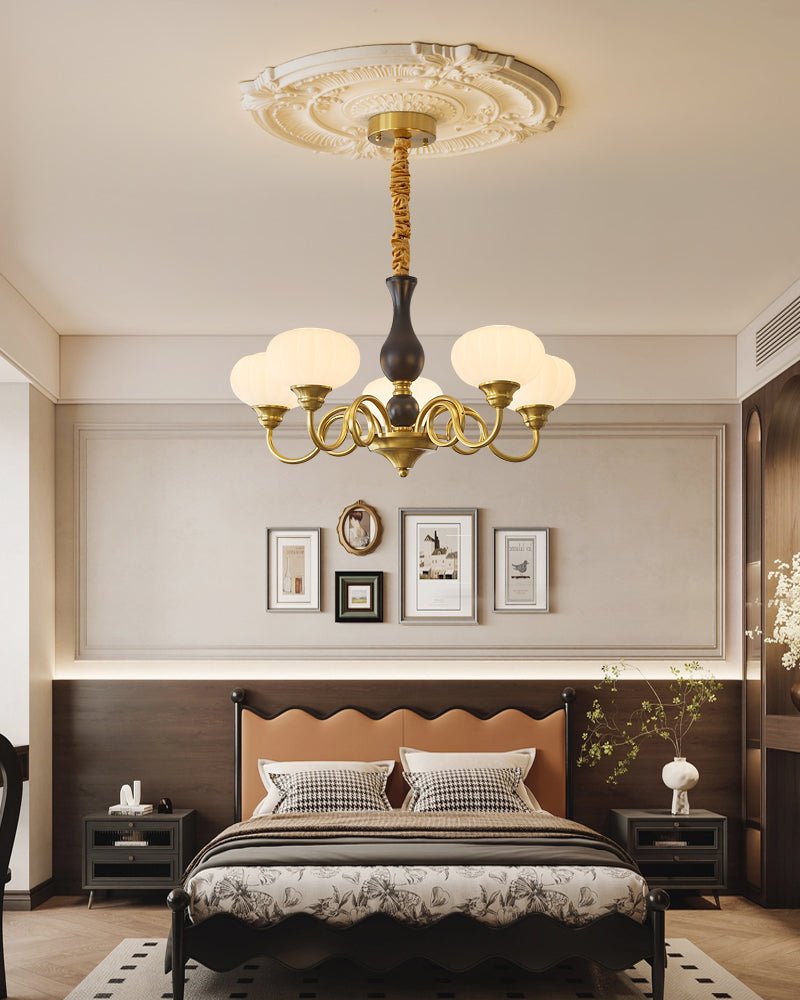 Elaris Modern Glass and Wood Chandelier with Brass Accents for Dining Room and Living Room