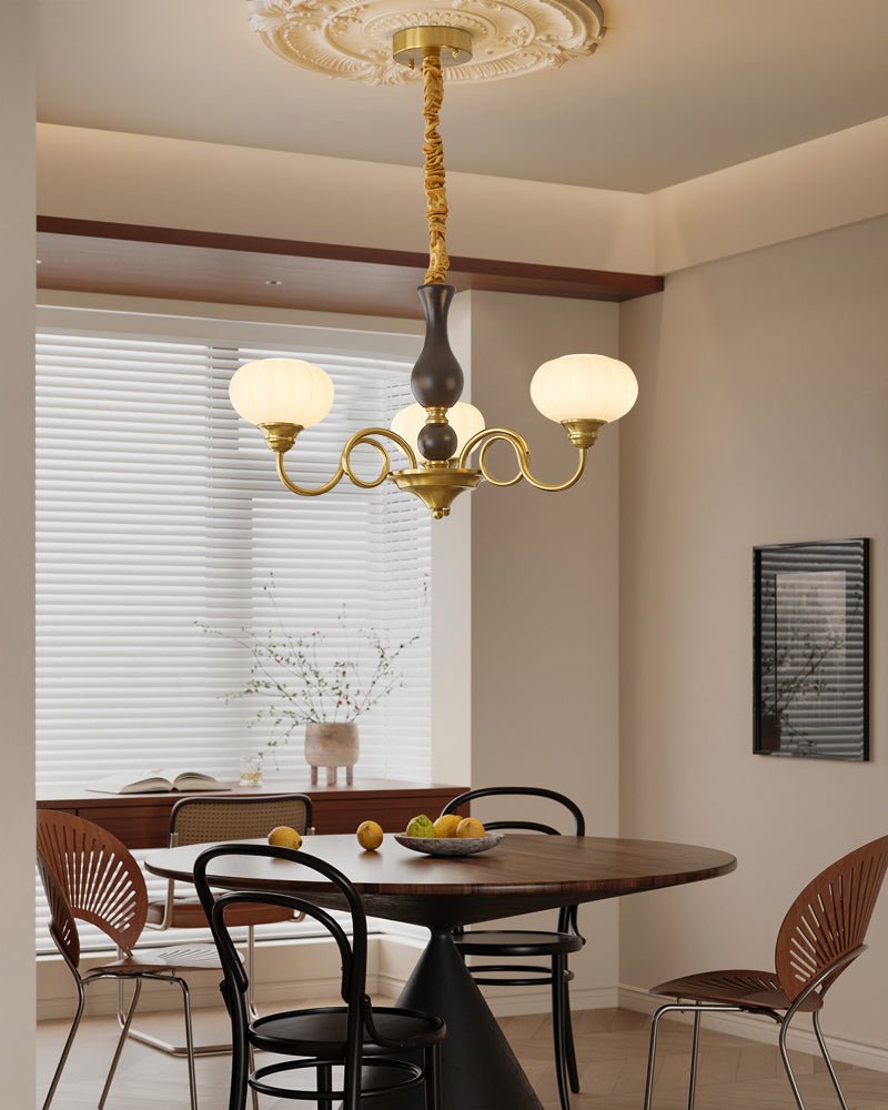 Elaris Modern Glass and Wood Chandelier with Brass Accents for Dining Room and Living Room