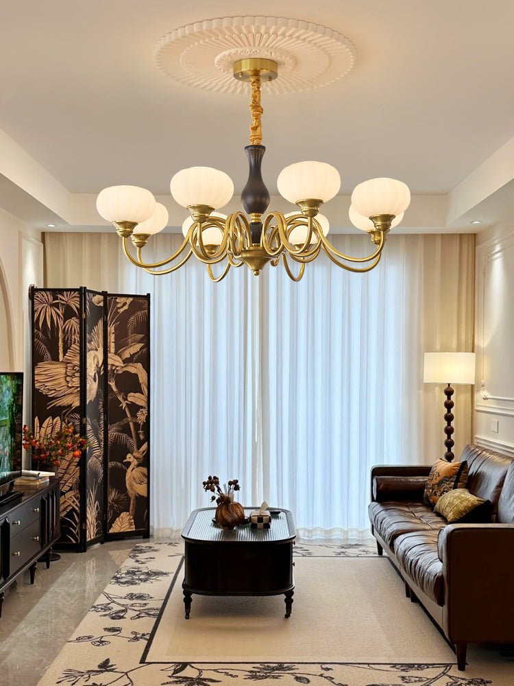 Elaris Modern Glass and Wood Chandelier with Brass Accents for Dining Room and Living Room