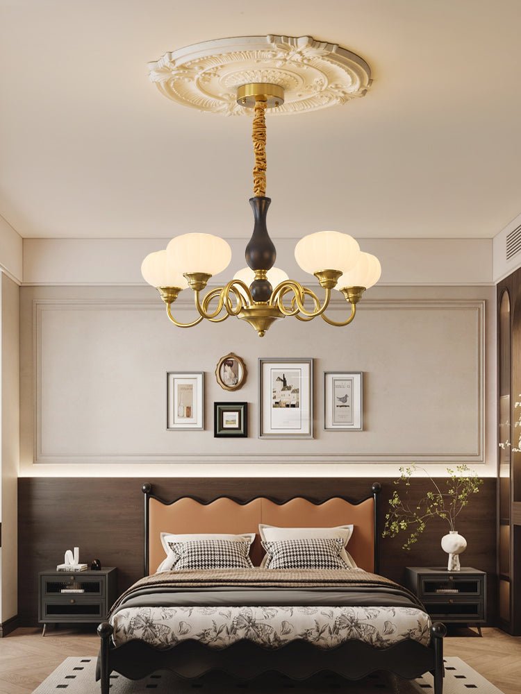 Elaris Modern Glass and Wood Chandelier with Brass Accents for Dining Room and Living Room