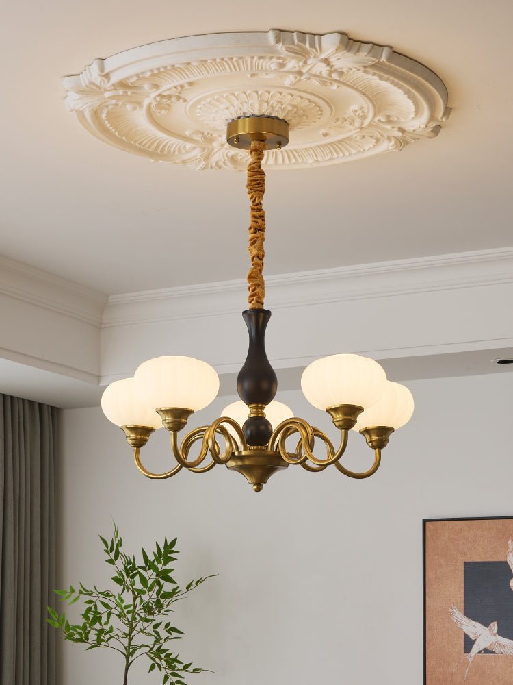Elaris Modern Glass and Wood Chandelier with Brass Accents for Dining Room and Living Room