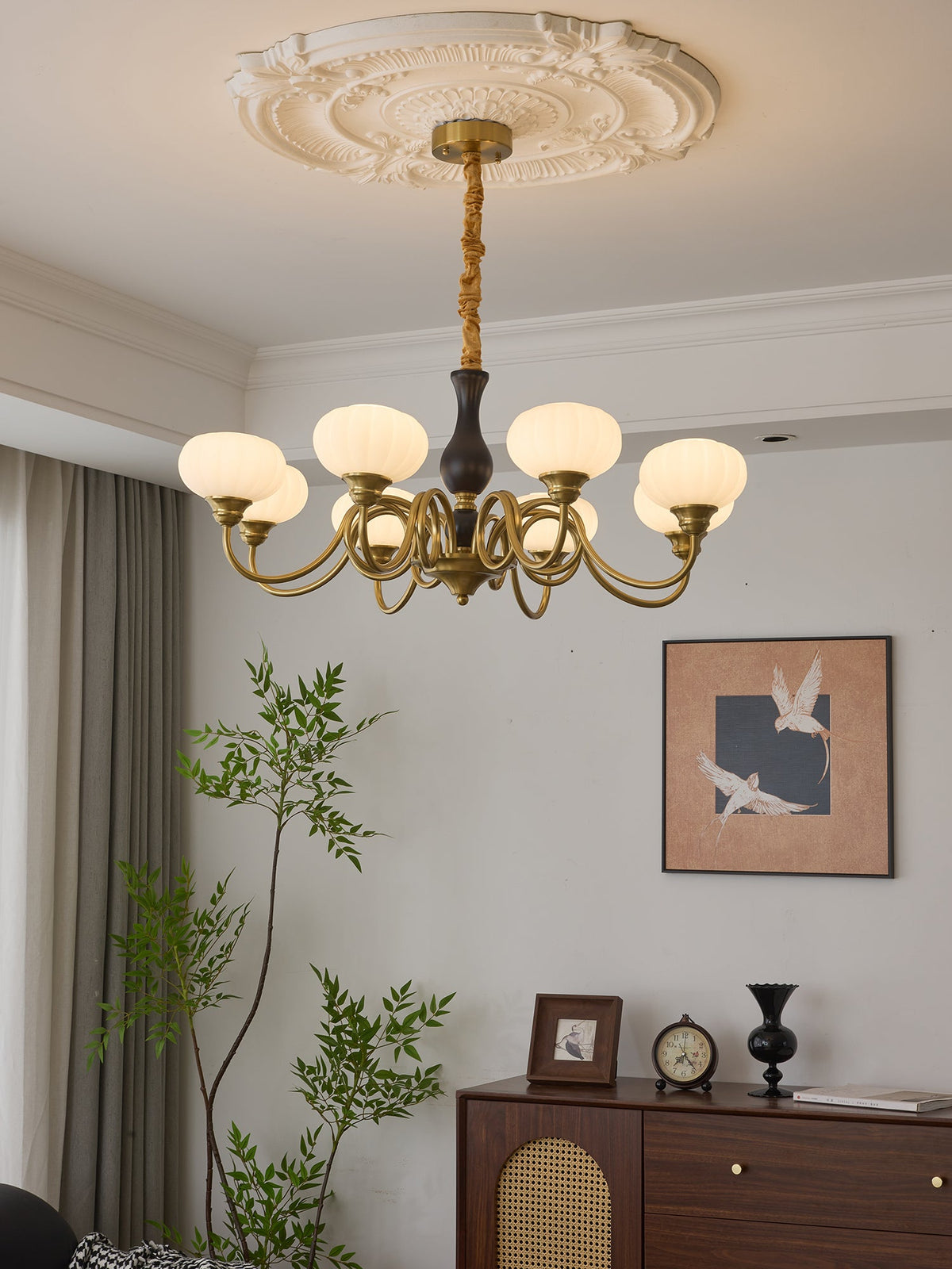 Elaris Modern Glass and Wood Chandelier with Brass Accents for Dining Room and Living Room
