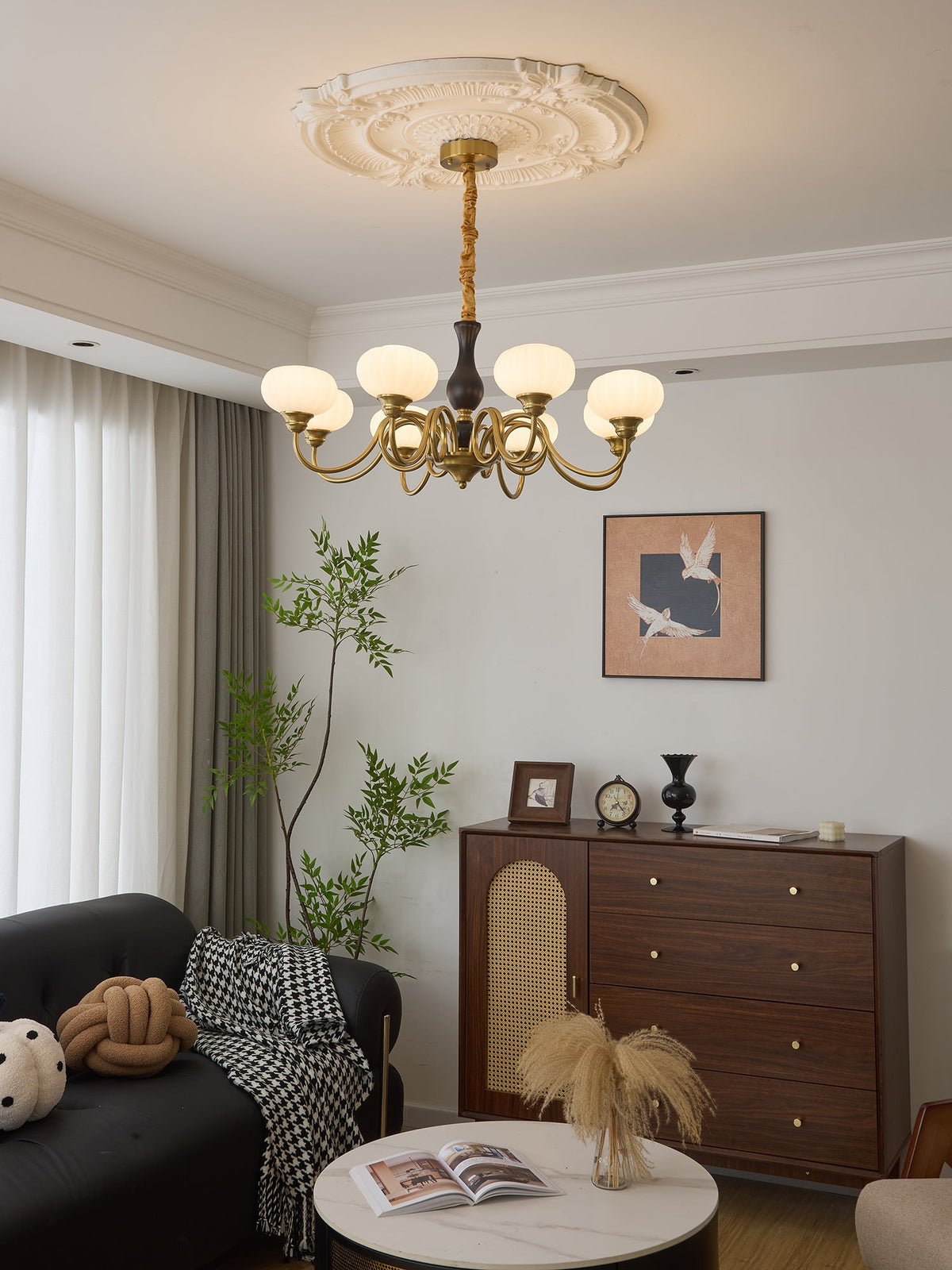 Elaris Modern Glass and Wood Chandelier with Brass Accents for Dining Room and Living Room