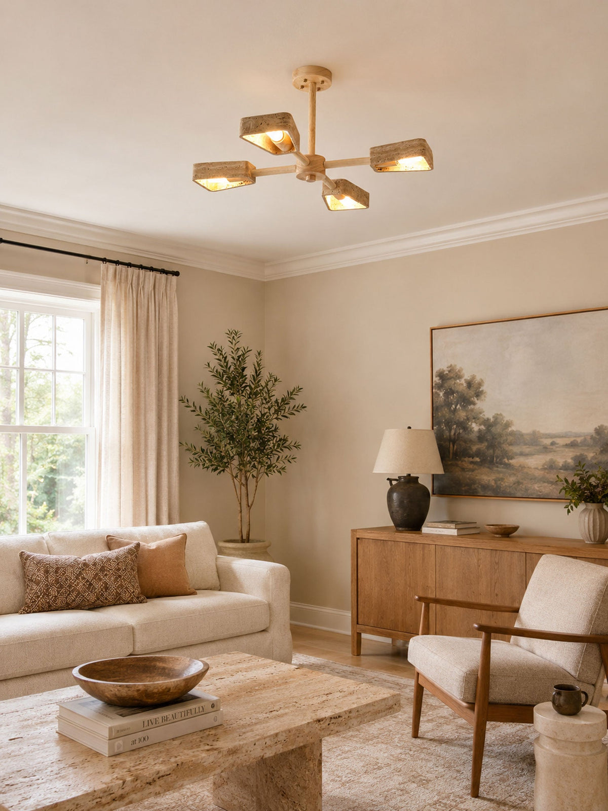 Elementa Travertine Chandelier — Modern Wood & Stone Pendant Light