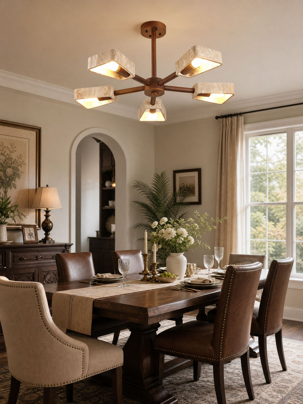 Elementa Travertine Chandelier — Modern Wood & Stone Pendant Light