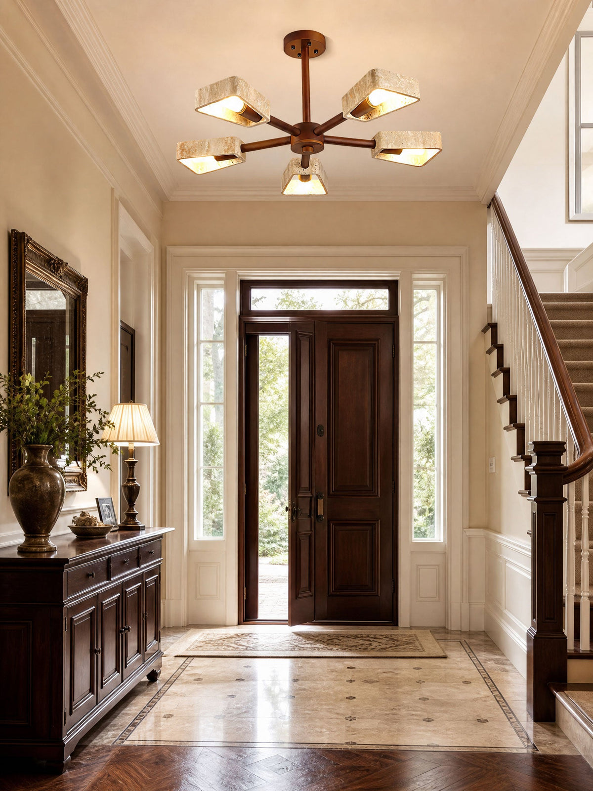 Elementa Travertine Chandelier — Modern Wood & Stone Pendant Light