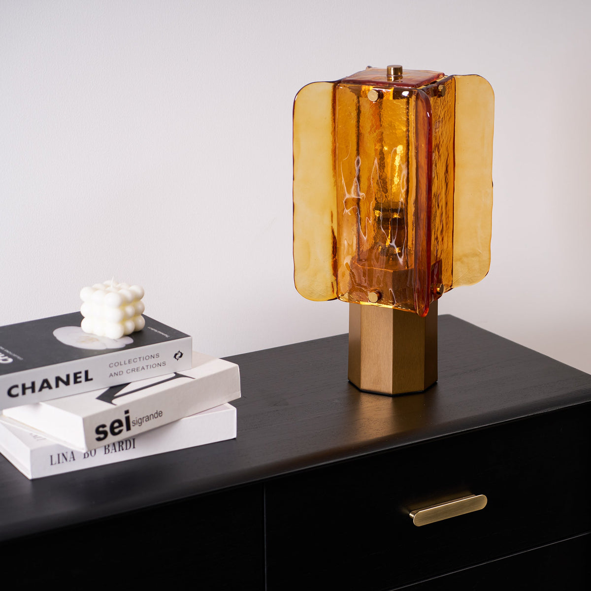 Aurelia Amber Glass Table Lamp with Brass Base for Bedside and Living Room
