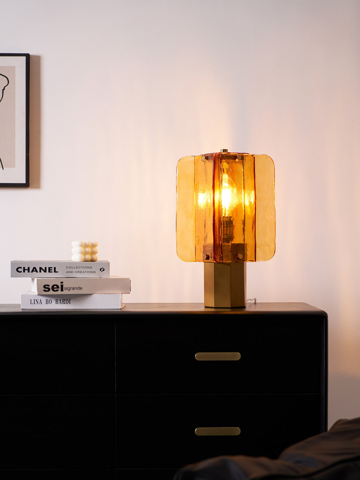 Aurelia Amber Glass Table Lamp with Brass Base for Bedside and Living Room