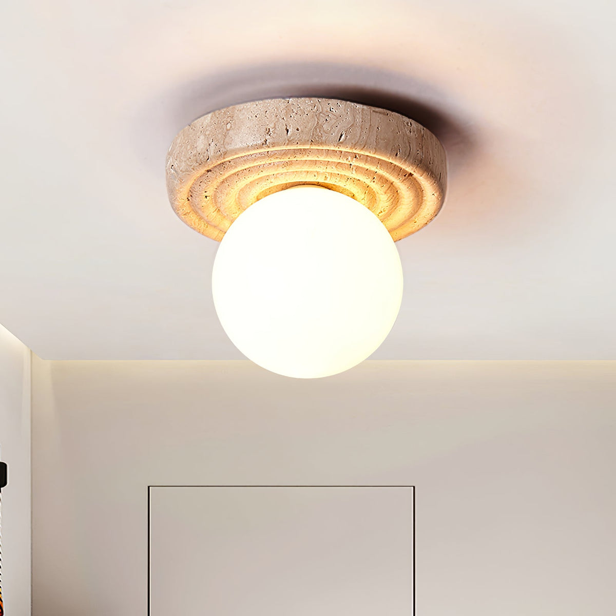 Elira Travertine Flush Mount Ceiling Light with Opal Glass Globe