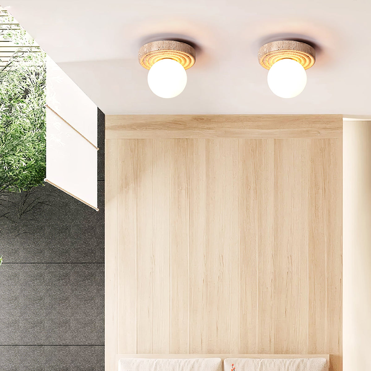 Elira Travertine Flush Mount Ceiling Light with Opal Glass Globe