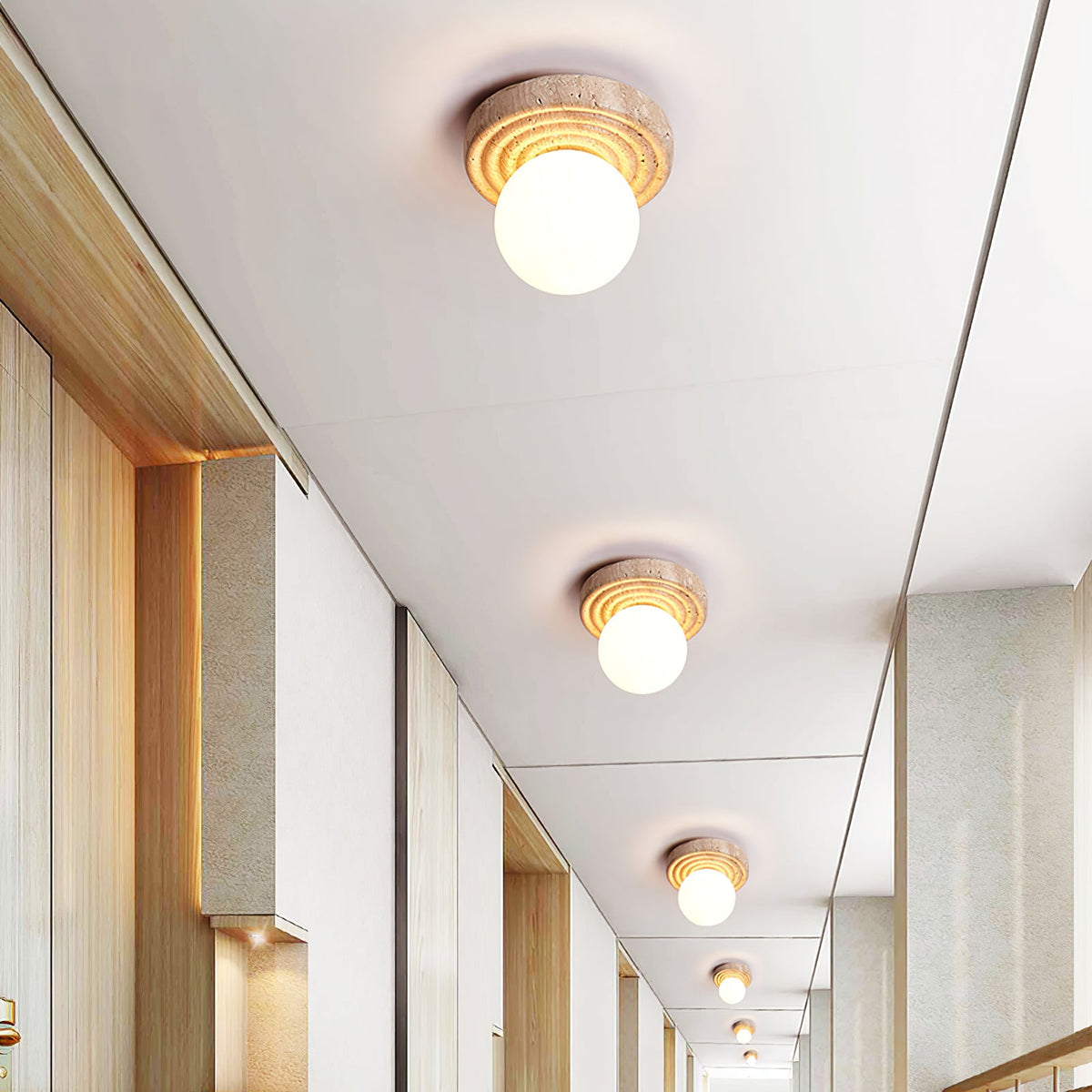 Elira Travertine Flush Mount Ceiling Light with Opal Glass Globe