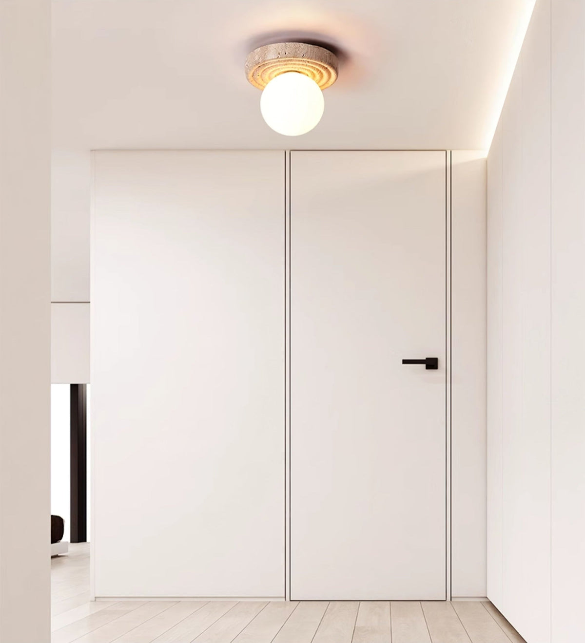 Elira Travertine Flush Mount Ceiling Light with Opal Glass Globe