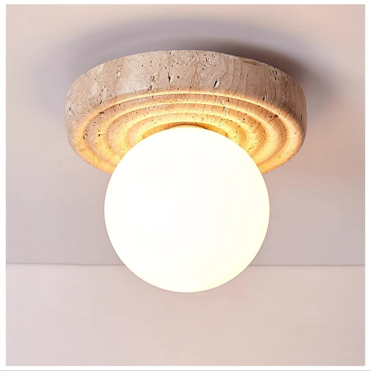 Elira Travertine Flush Mount Ceiling Light with Opal Glass Globe