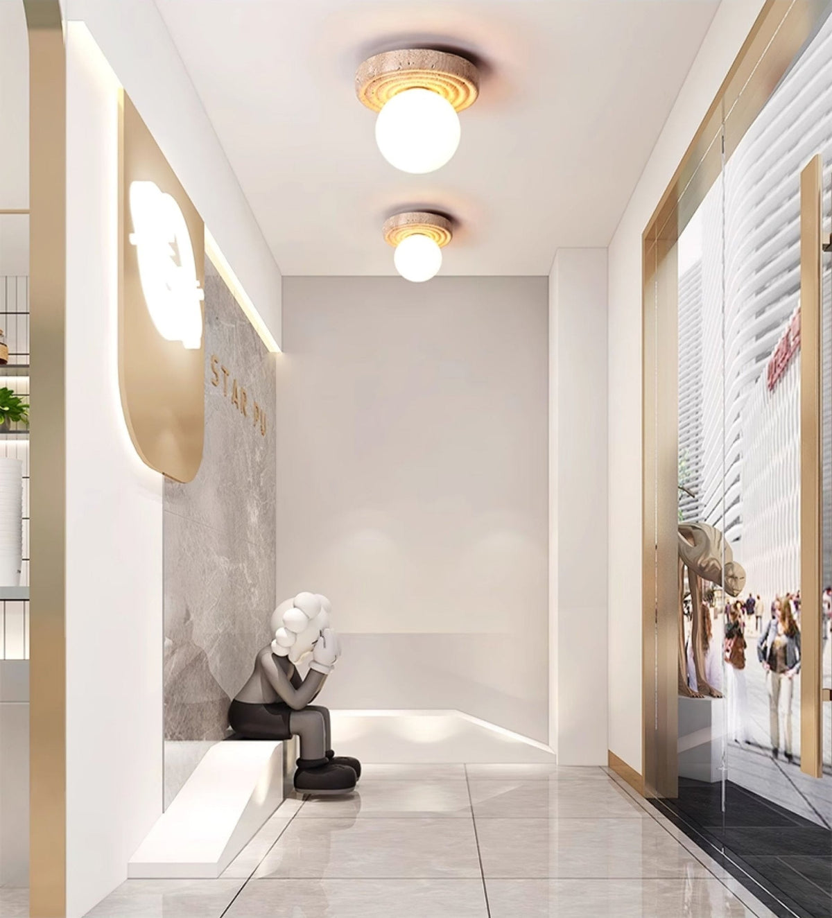 Elira Travertine Flush Mount Ceiling Light with Opal Glass Globe