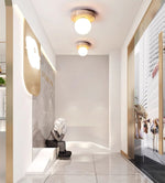 Elira Travertine Flush Mount Ceiling Light with Opal Glass Globe
