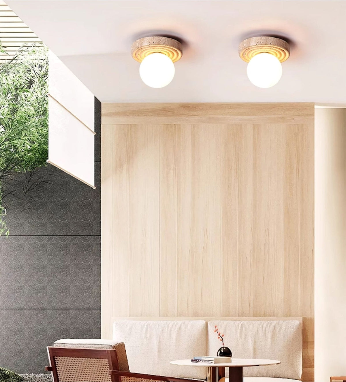 Elira Travertine Flush Mount Ceiling Light with Opal Glass Globe