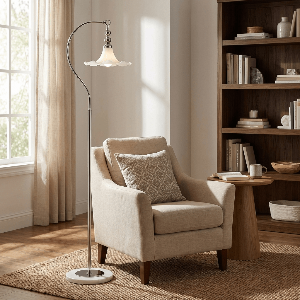 Eloria Arc Floor Lamp – Modern Curved Metal Frame with Scalloped Glass Shade