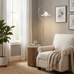Eloria Arc Floor Lamp – Modern Curved Metal Frame with Scalloped Glass Shade