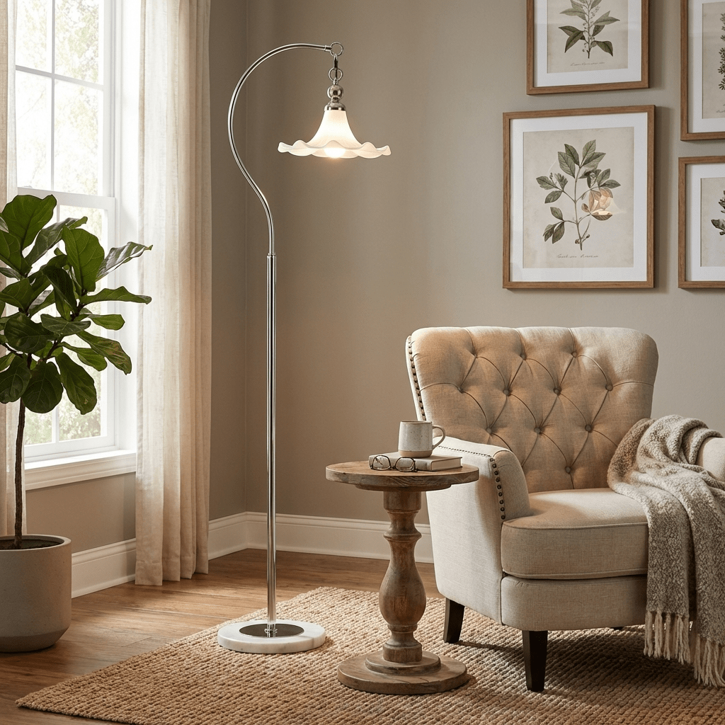 Eloria Arc Floor Lamp – Modern Curved Metal Frame with Scalloped Glass Shade