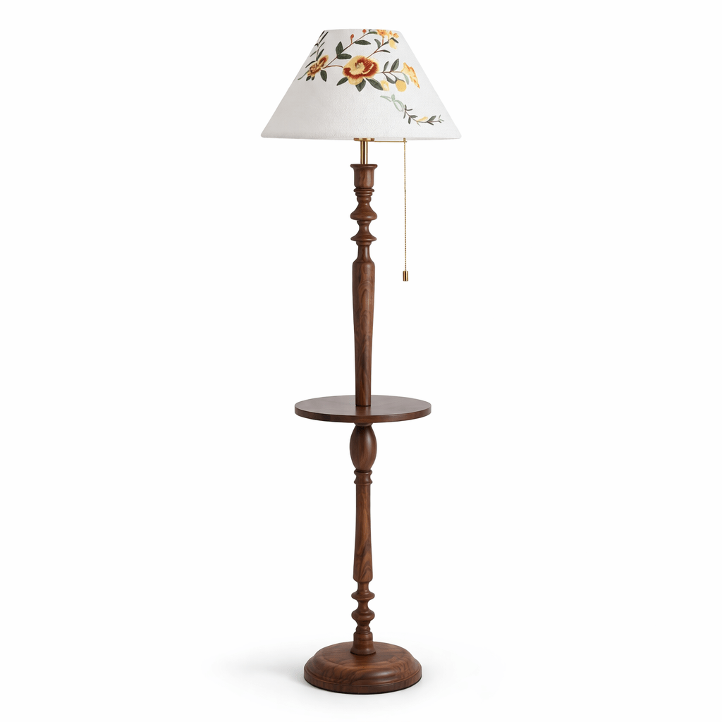 Elowen Bloom Side Floor Lamp with Walnut Table and Floral Shade