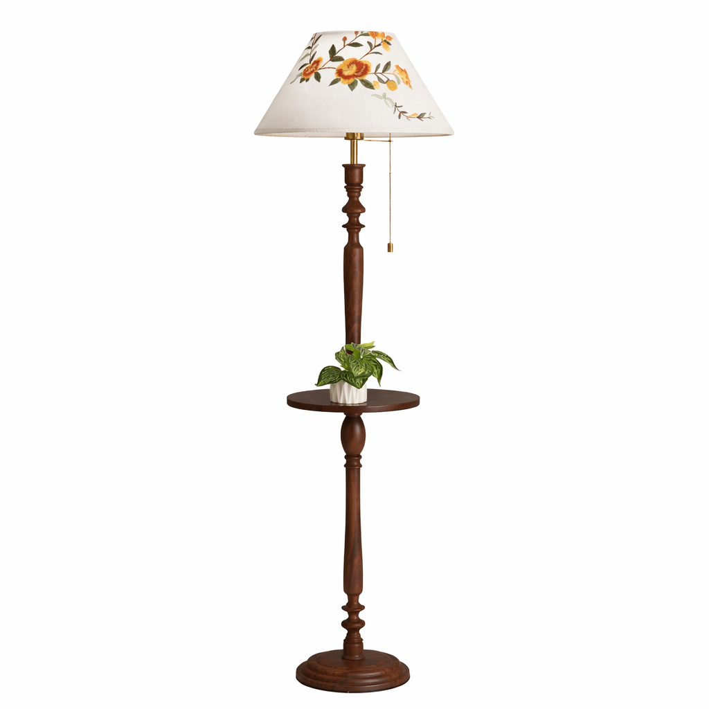 Elowen Bloom Side Floor Lamp with Walnut Table and Floral Shade