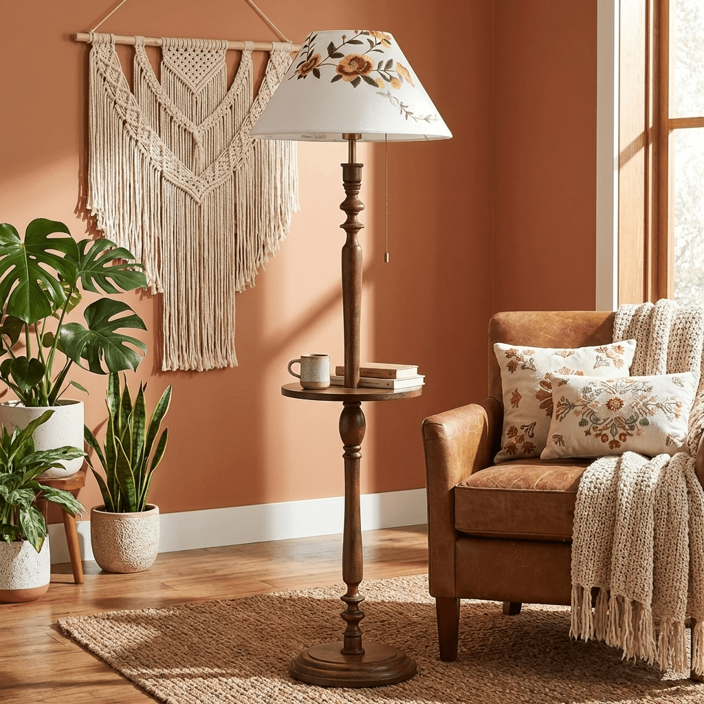 Elowen Bloom Side Floor Lamp with Walnut Table and Floral Shade