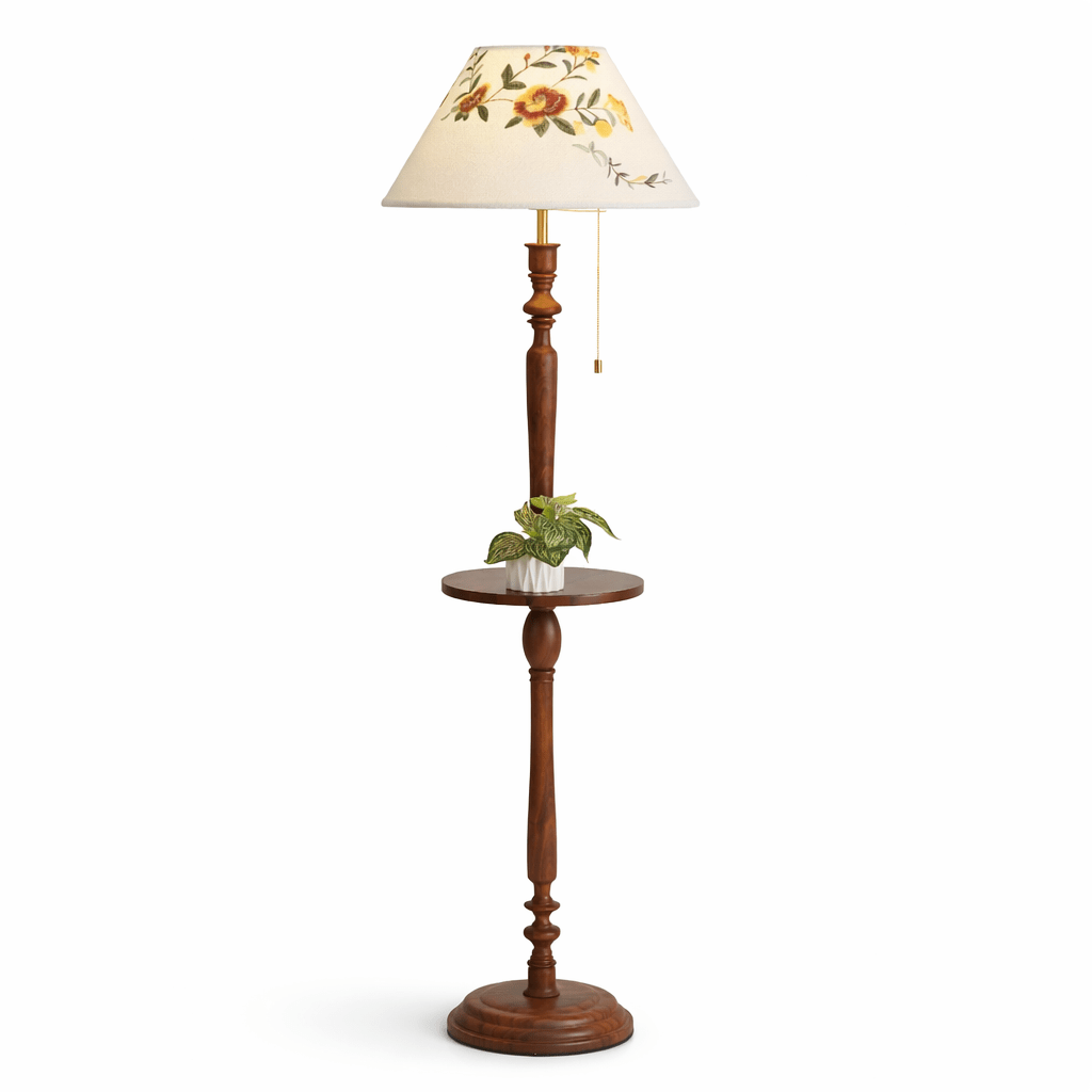 Elowen Bloom Side Floor Lamp with Walnut Table and Floral Shade