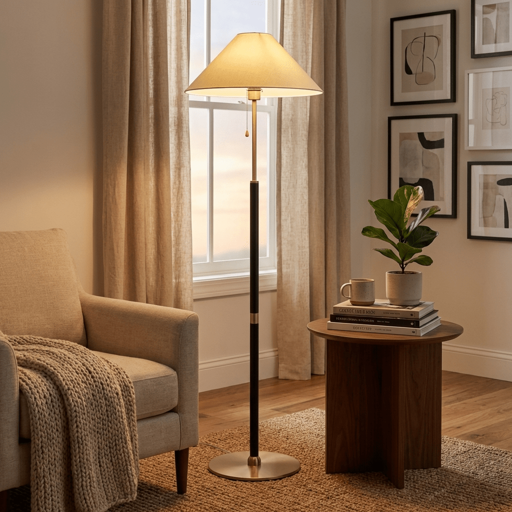 Elowen Classic Floor Lamp – Modern Wood & Fabric Standing Light for Living Room