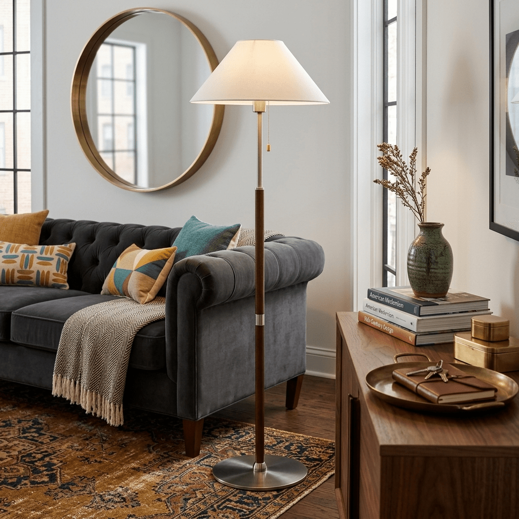 Elowen Classic Floor Lamp – Modern Wood & Fabric Standing Light for Living Room