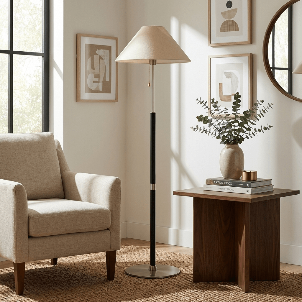 Elowen Classic Floor Lamp – Modern Wood & Fabric Standing Light for Living Room