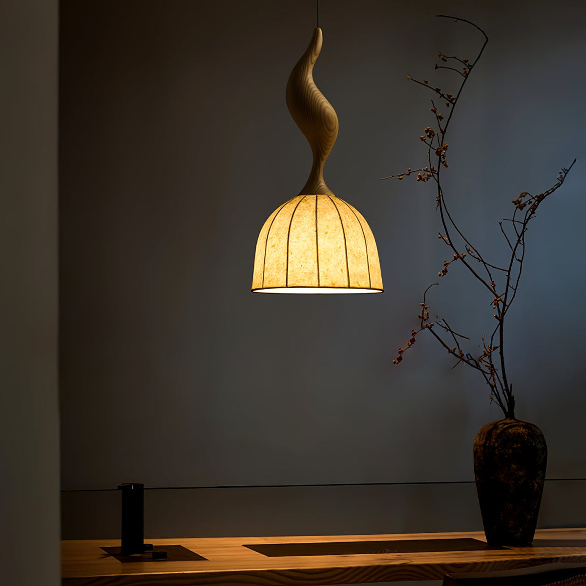 Elowen Twisted Wood Pendant Light – Sculptural Designer Ceiling Lamp