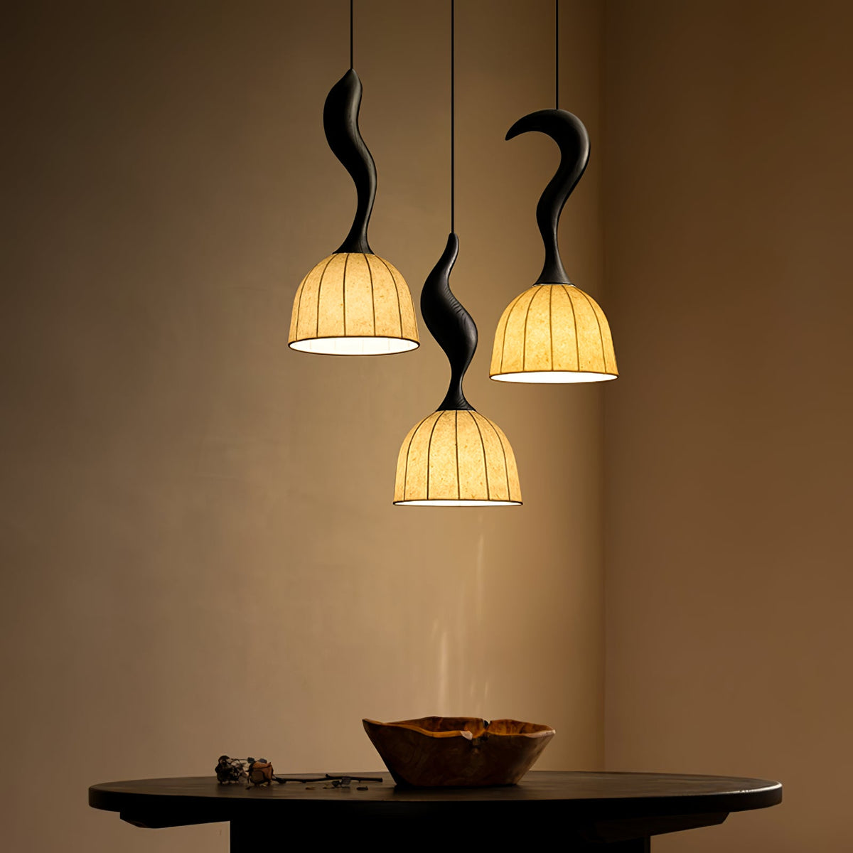 Elowen Twisted Wood Pendant Light – Sculptural Designer Ceiling Lamp