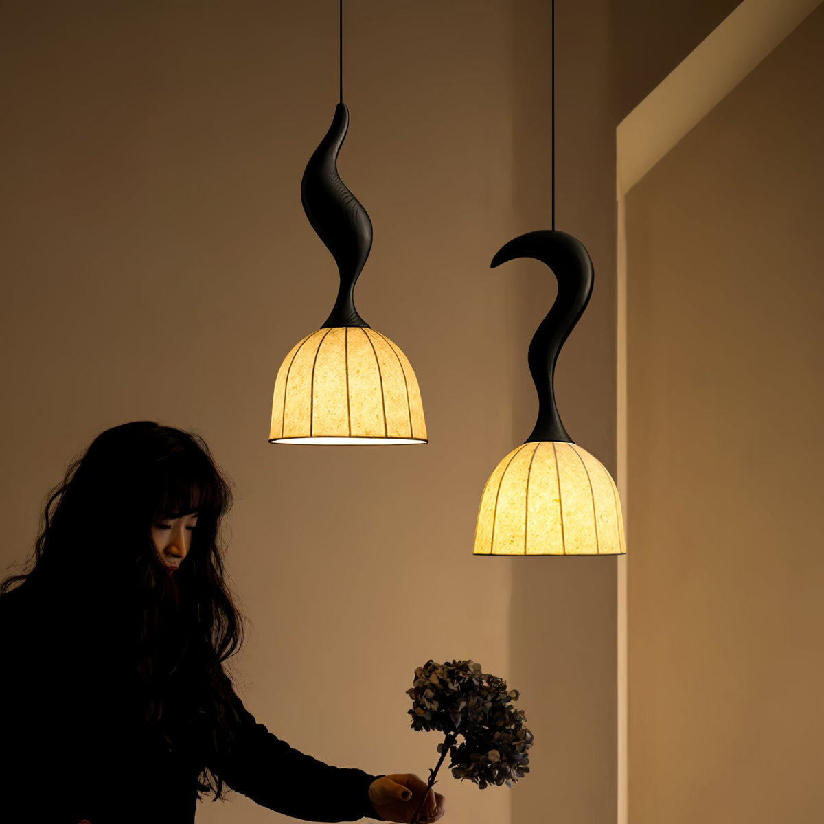 Elowen Twisted Wood Pendant Light – Sculptural Designer Ceiling Lamp