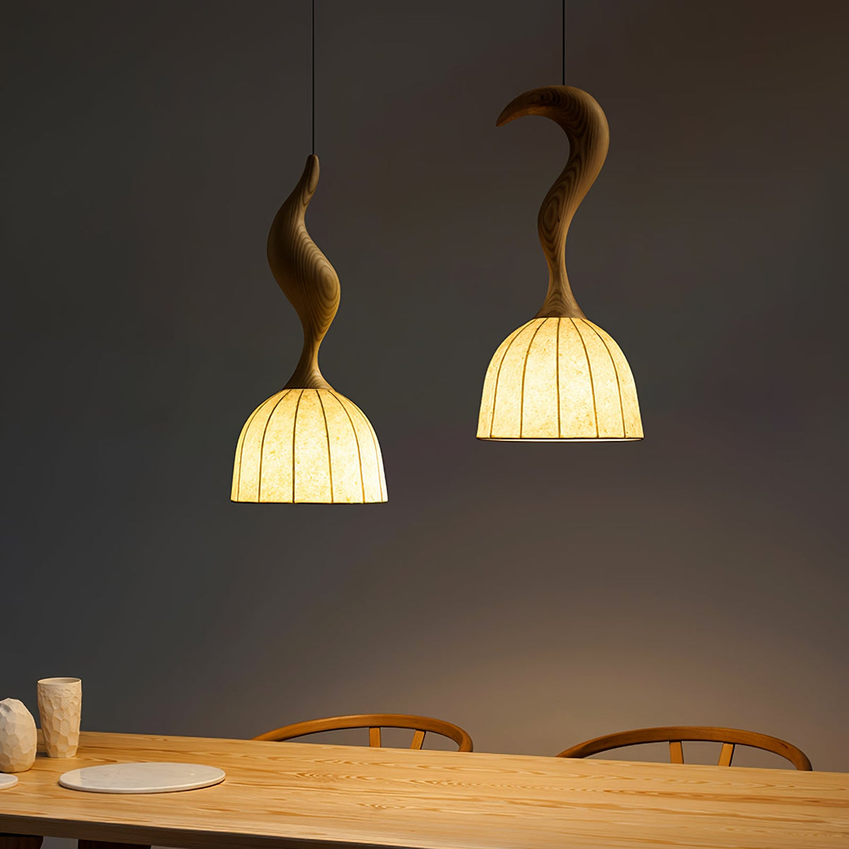 Elowen Twisted Wood Pendant Light – Sculptural Designer Ceiling Lamp