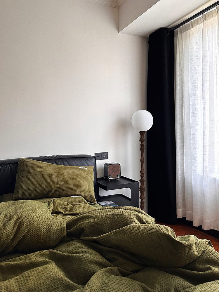 Elowen Sculpted Wood Floor Lamp with Fabric Shade for Living Room & Bedroom