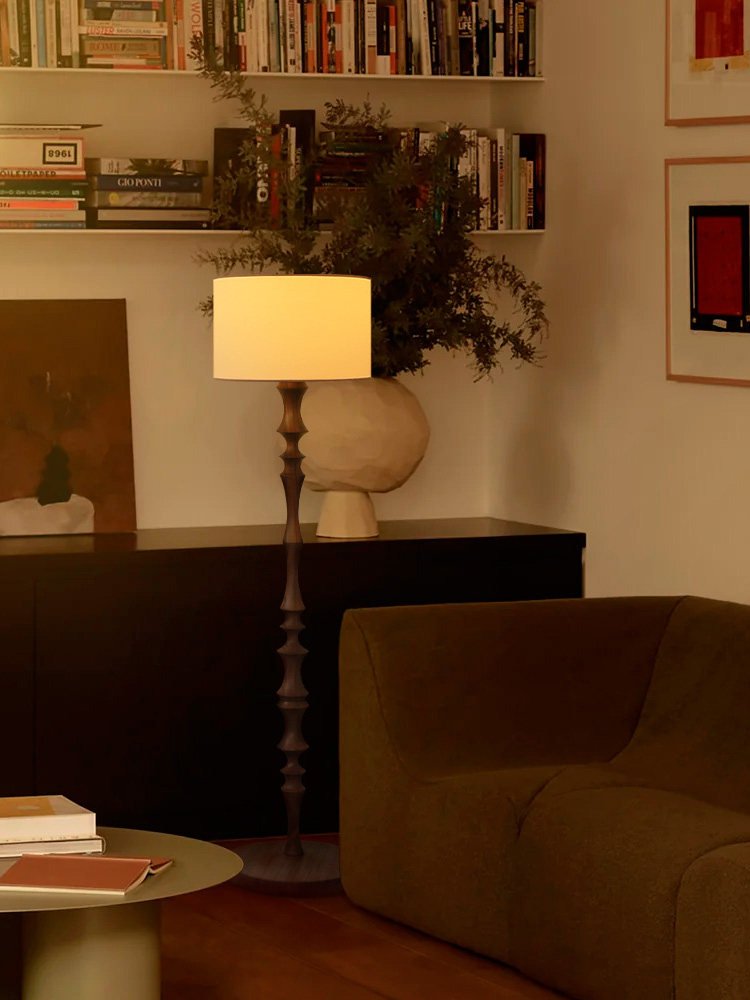 Elowen Sculpted Wood Floor Lamp with Fabric Shade for Living Room & Bedroom