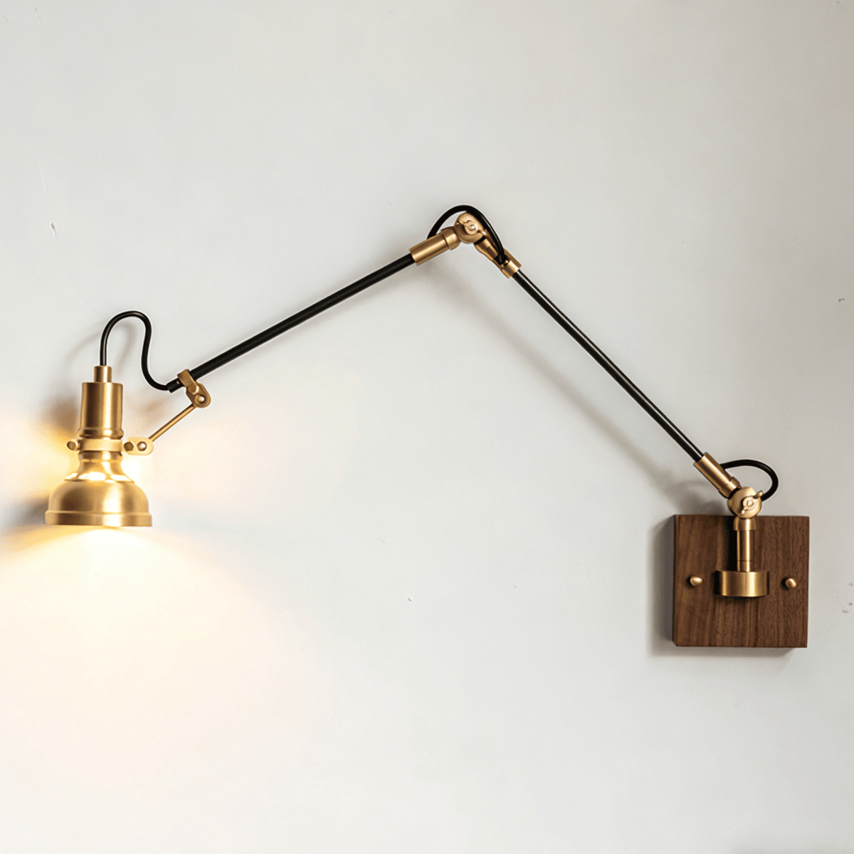 Elowen Wood Wall Lamp – Modern Swing Arm Sconce with Brass Accents