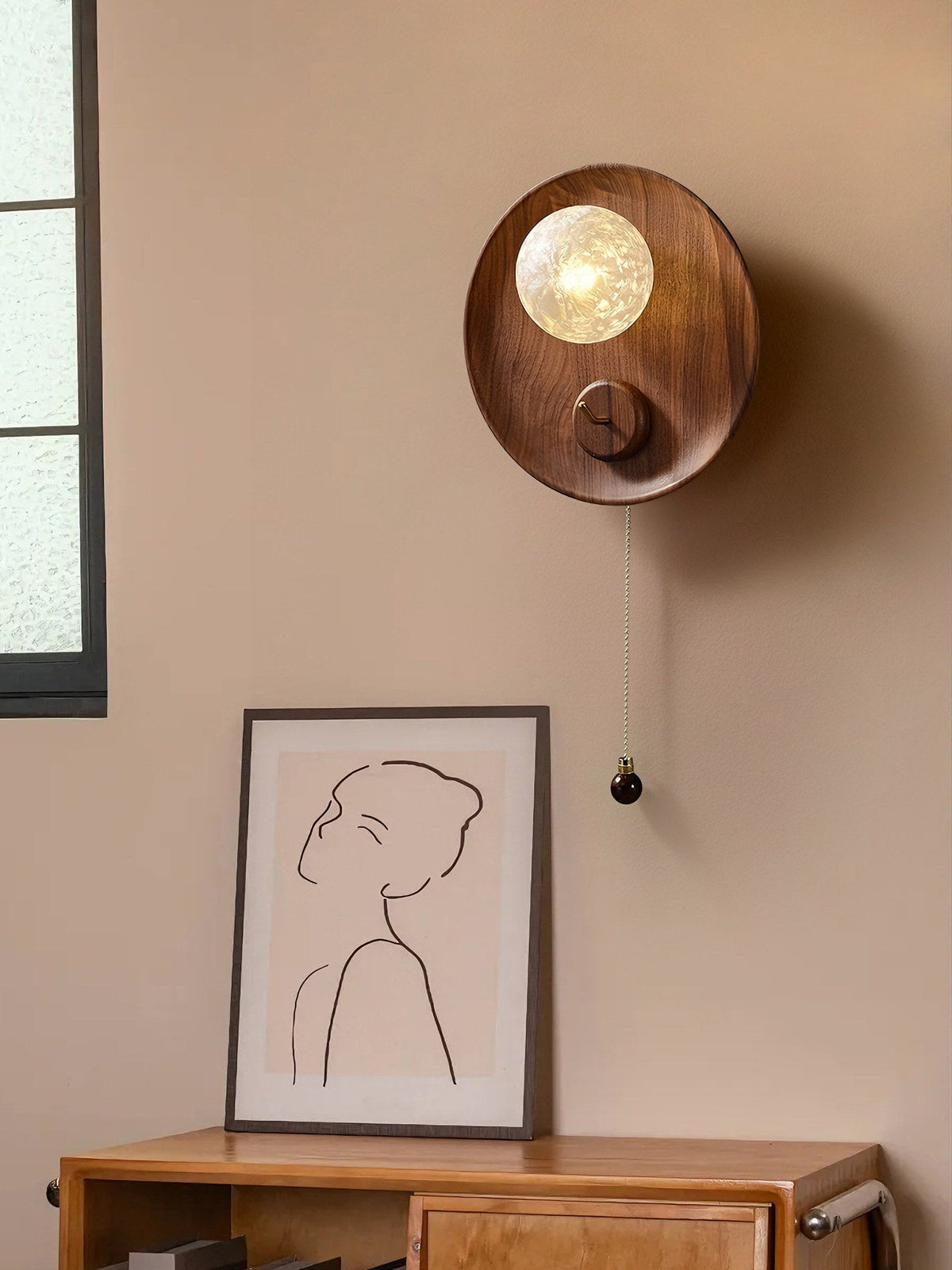 Elwood Pull Wall Sconce in Walnut and White Glass