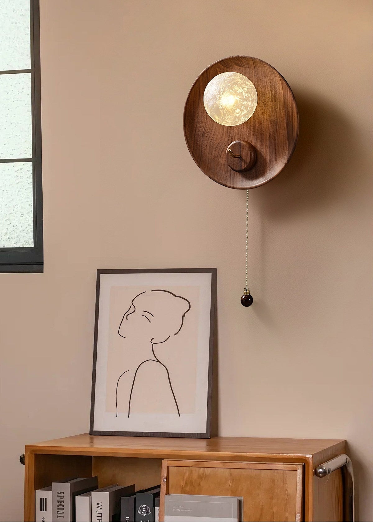 Elwood Pull Wall Sconce in Walnut and White Glass
