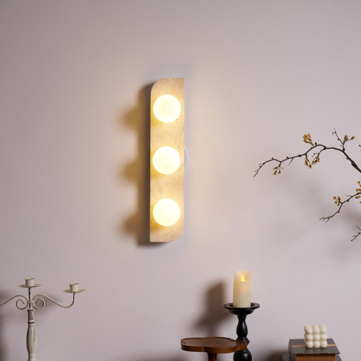 Elysian Travertine Wall Sconce with Glass Globes – Modern Natural Stone Lighting