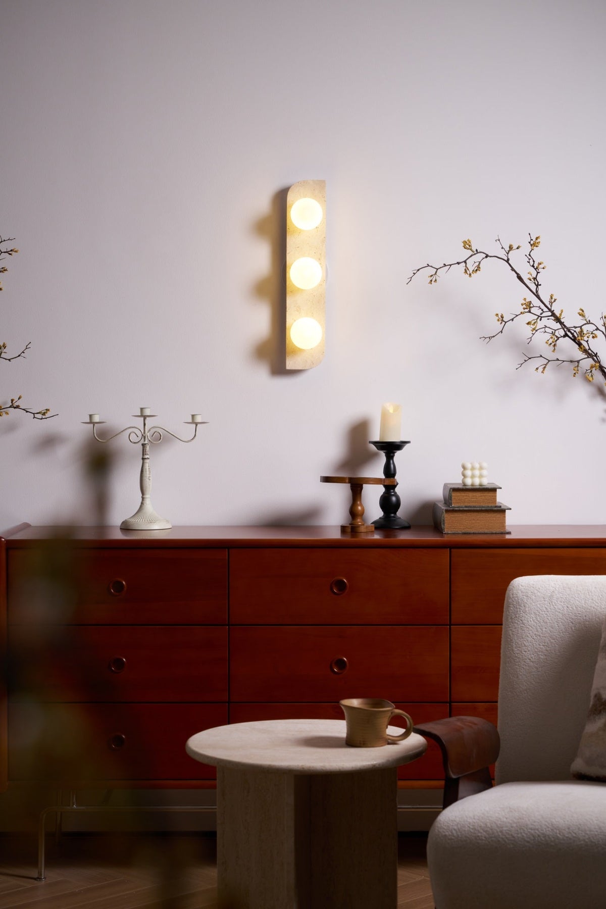 Elysian Travertine Plug-in Wall Sconce with Glass Globes