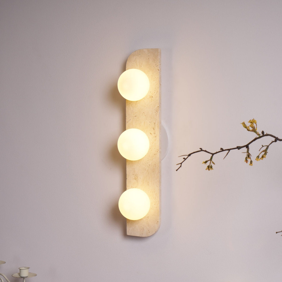 Elysian Travertine Wall Sconce with Glass Globes – Modern Natural Stone Lighting