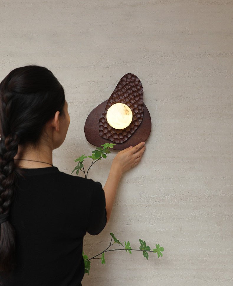 Ember Nest Wall Sconce with Alabaster Sphere and Walnut Backplate
